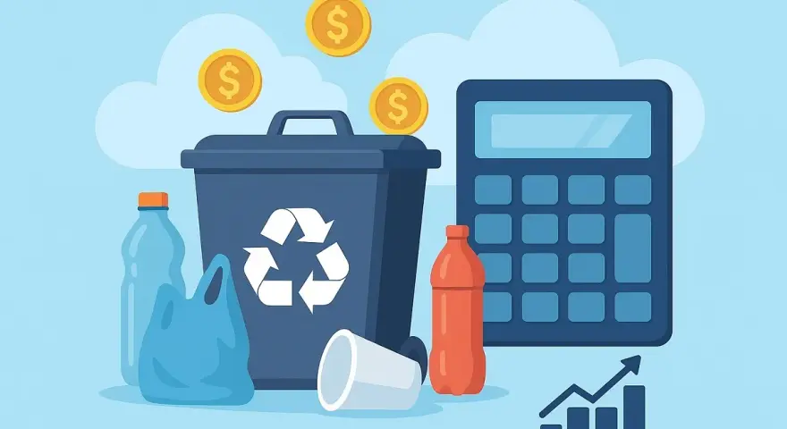 Kosz na śmieci z symbolem recyklingu, butelki, kubek, kalkulator i monety. Utylizacja co to? To sposób na oszczędzanie i zarabianie.