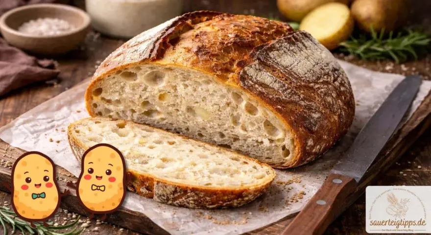 Ein rustikales **Kartoffelbrot mit Sauerteig**, frisch angeschnitten, mit knuspriger Kruste und weicher Krume. Zwei niedliche Kartoffel-Figuren schauen neugierig zu.