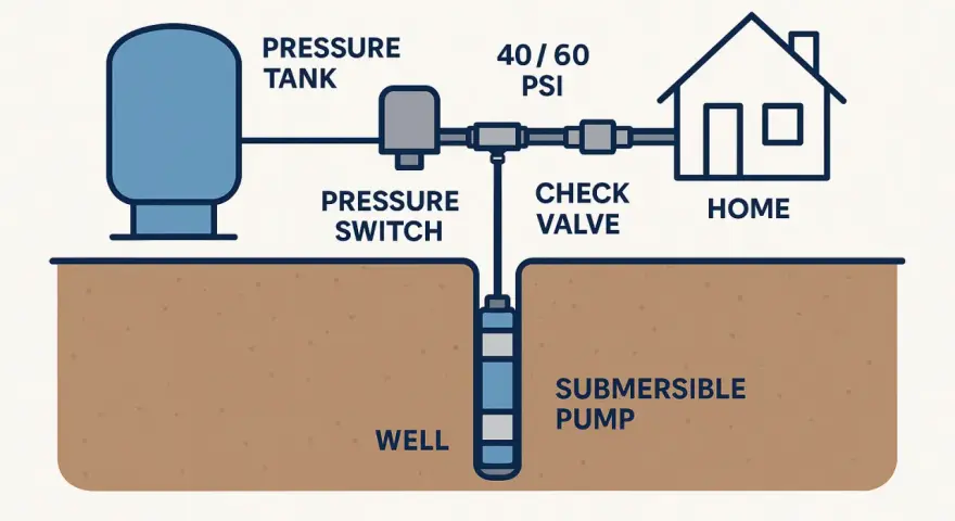 Diagram illustrating a well pump installation, showing a submersible pump in a well connected to a pressure tank, pressure switch, check valve, and a home.