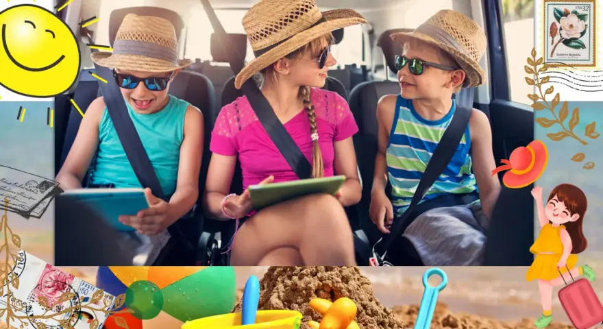 Dzieci w samochodzie, jedno z nich to iPad kid, podróżują na wakacje. Słońce, plaża i zabawki zapowiadają świetny czas.