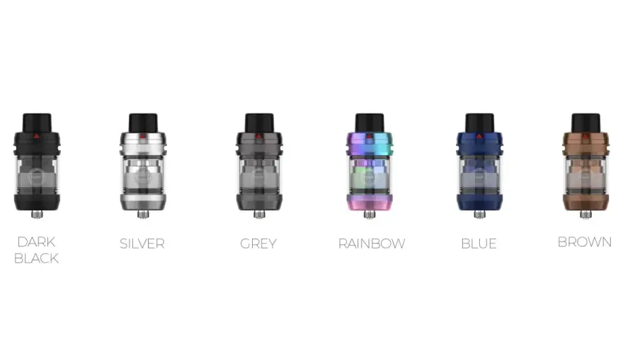Vaporesso tank en varios colores: negro, plateado, gris, arcoíris, azul y marrón.