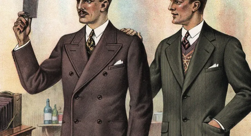 Due uomini eleganti: uno con giacca monopetto, l'altro con doppiopetto, discutono di moda.