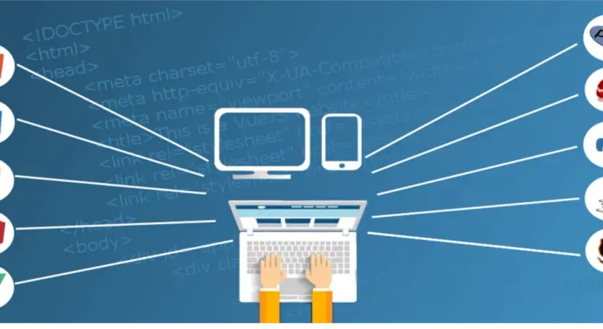 Ein Software-Programmierer arbeitet an verschiedenen Technologien wie HTML5, CSS3, JavaScript, Vue.js, PHP, Ruby, Python und Java.