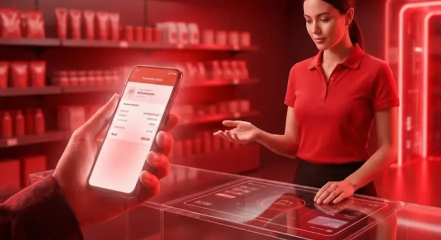 Klient pokazuje telefon z aplikacją, gdzie widnieje informacja o zwrocie bez paragonu. Sprzedawczyni w sklepie z neonowym oświetleniem czeka na dalsze instrukcje.