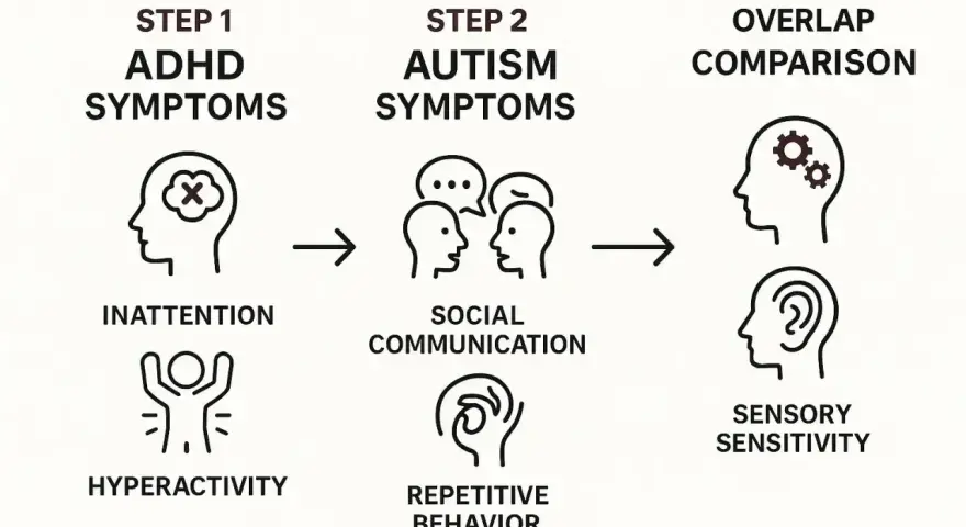 Porównanie objawów ADHD (nieuważność, nadpobudliwość) i autyzmu (komunikacja społeczna, powtarzalne zachowania) z obszarami nakładania się.