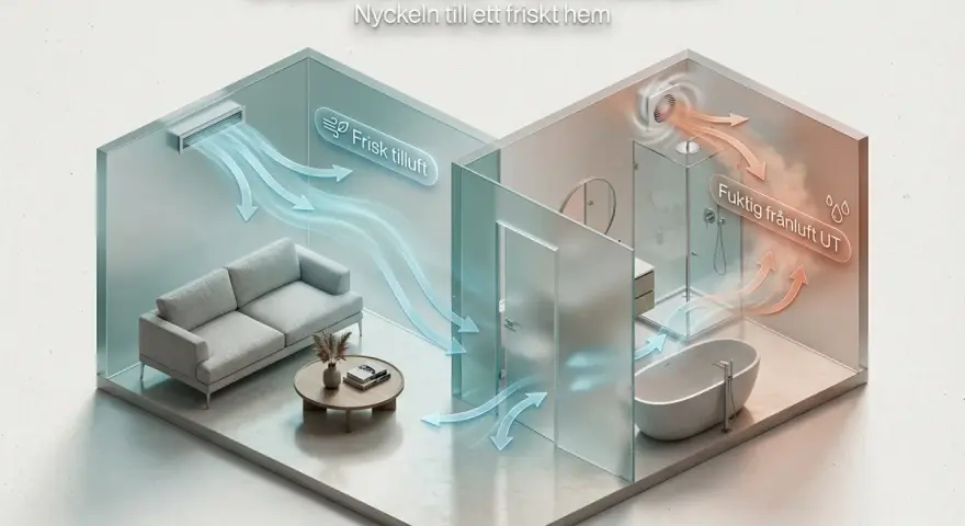 Illustration av balanserad ventilation hemma: frisk luft till vardagsrummet, fuktig luft ut från badrummet.