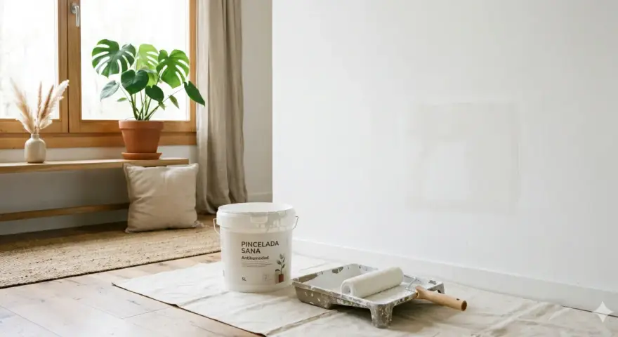 Un cubo de pintura anticondensación y un rodillo esperan para renovar la pared. ¡Se puede pintar encima de pintura anticondensación sin problema!