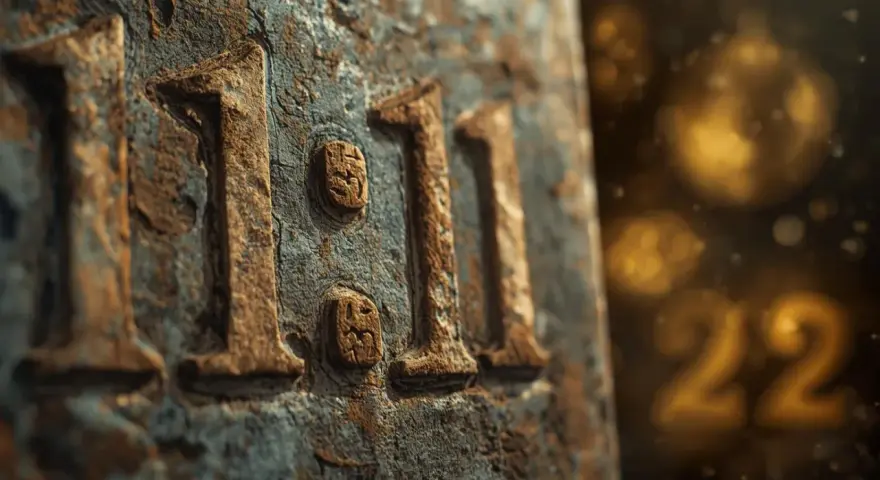 Kamień z wyrytymi cyframi 11:11. W tle złote 22. Czy to numerologiczna 11 czy 2?
