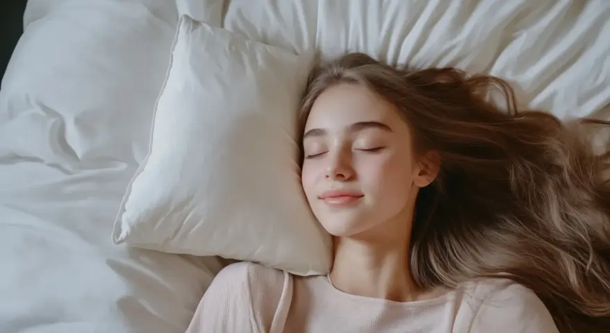 Spokojny sen dziewczyny na poduszce, symbolizujący **regulowanie emocji** i odpoczynek.