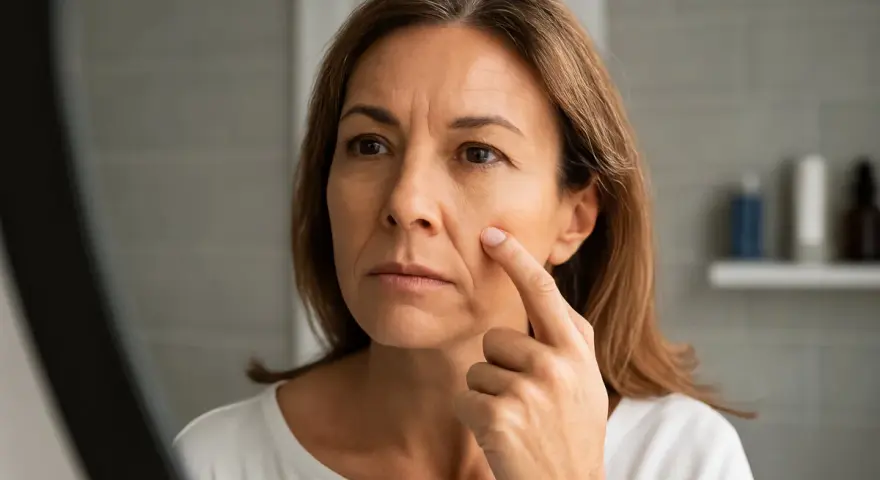 Mujer se toca la cara, preocupada por el surco nasogeniano. Busca soluciones para eliminar surco nasogeniano y rejuvenecer su piel.