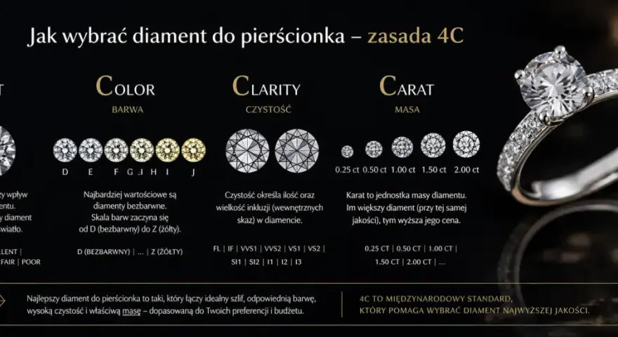 Jak rozpoznać diament w pierścionku? Poznaj zasadę 4C: szlif, barwę, czystość i masę (karat), by wybrać idealny kamień.