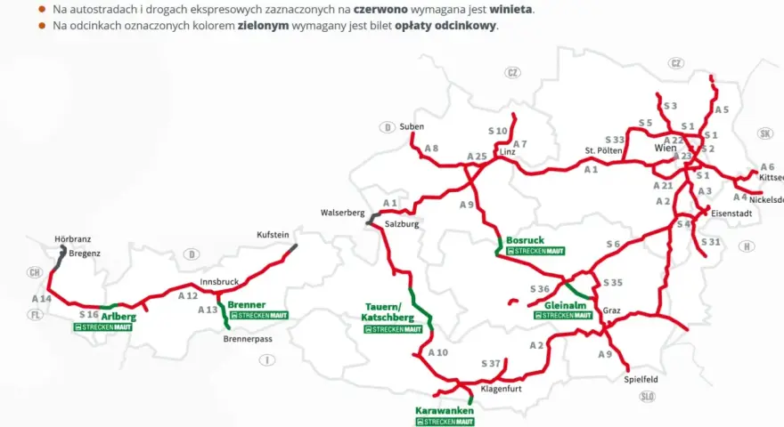 Mapa Austrii z zaznaczonymi trasami. Czerwone drogi wymagają winiety, zielone opłaty odcinkowej. Sprawdź e-winieta Austria cena przed podróżą.