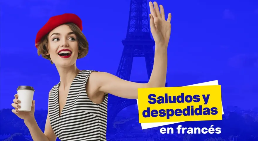 Mujer con boina roja y taza de café saluda, con la Torre Eiffel de fondo. Aprende como se dice saludos en francés.