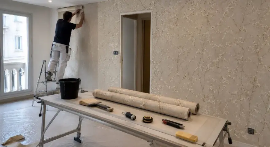 Hombre en escalera empapelando pared con diseño floral. Sobre la mesa, rollos de papel, brochas y herramientas para empapelar.
