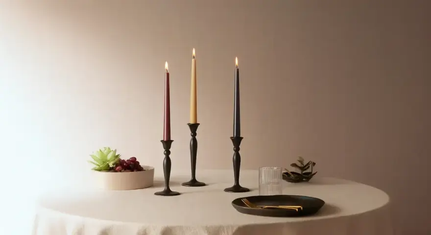 Trzy świece w czarnych świecznikach: ciemnoróżowa, beżowa i granatowa. Różowa świeca znaczenie: symbolizuje miłość, spokój i harmonię.