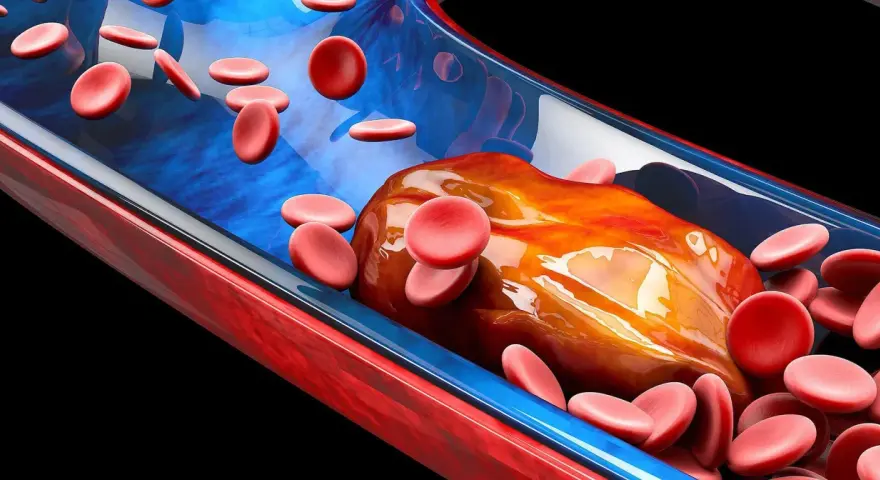 Rote Blutkörperchen umgeben einen großen Thrombus in einem Blutgefäß. Der Thrombus behindert den normalen Blutfluss und kann den Puls beeinflussen.