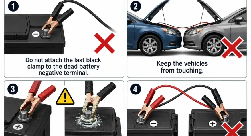 Learn which jumper cable goes on first by avoiding common mistakes: don't attach the last black clamp to the dead battery's negative terminal.