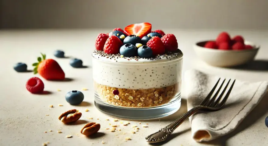 Ein Glas mit einem Schichtdessert, das wie ein **high protein cheesecake** aussieht, garniert mit Beeren und Nüssen.
