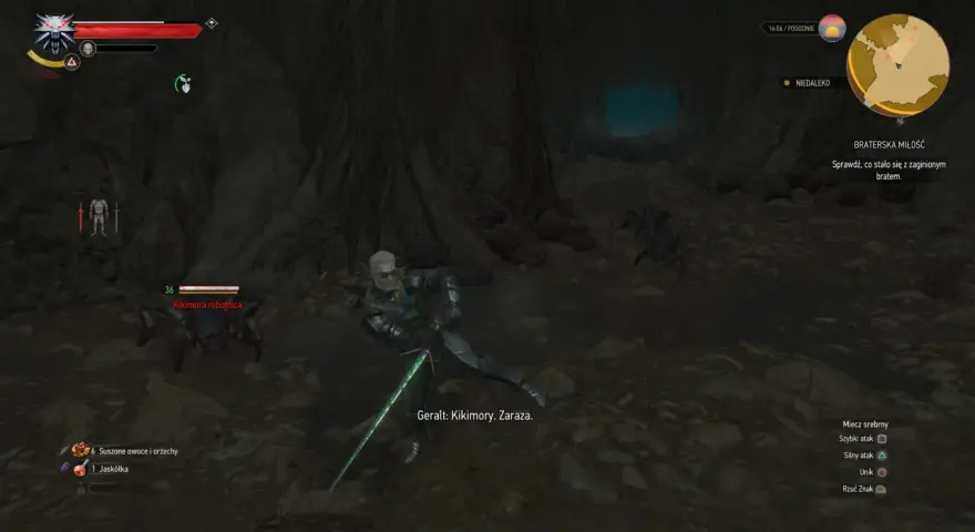 Geralt walczy z kikimorami w jaskini, szukając zaginionego brata. Misja "Wiedźmin 3 braterska miłość" w toku.