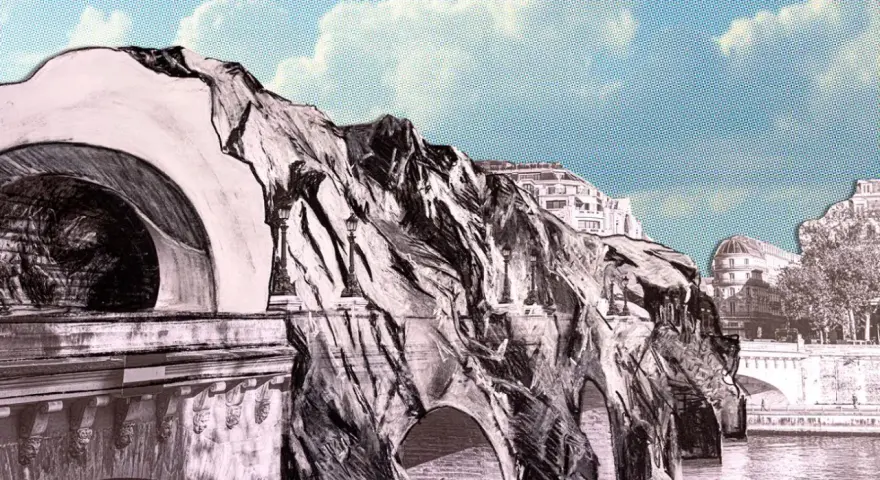 Le Pont Neuf, une œuvre d'art surréaliste, se dresse au-dessus de la Seine, ses arches rocheuses défiant la gravité sous un ciel bleu pointillé.