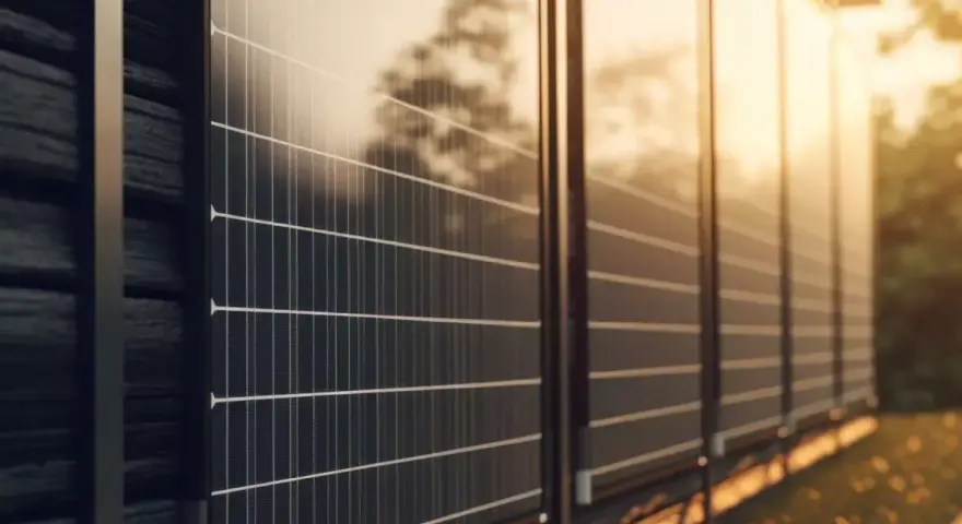 Nowoczesny płot z paneli fotowoltaicznych odbija ciepłe światło zachodzącego słońca, tworząc zieloną energię.