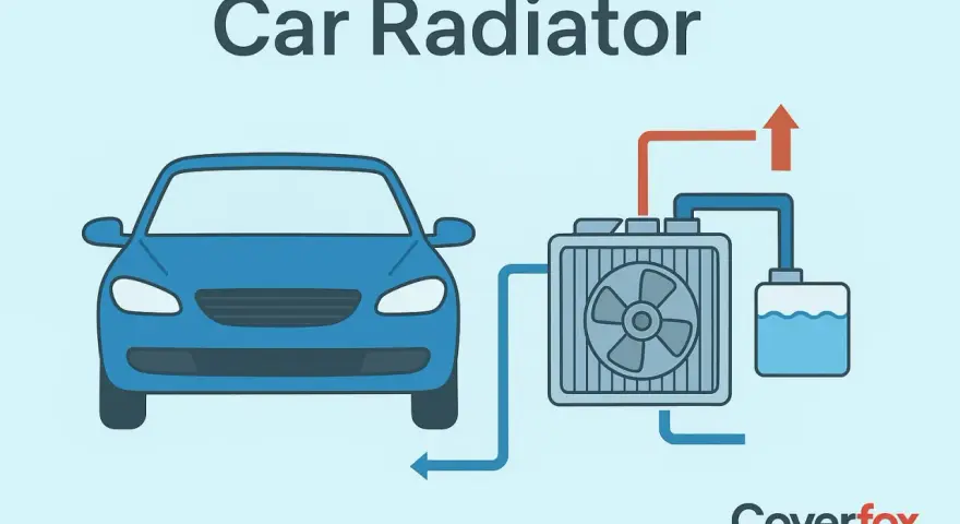 Diagram showing a blue car connected to a car radiator with a fan and coolant reservoir, illustrating how a radiator cools the engine.