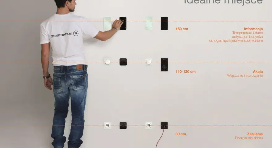 Mężczyzna pokazuje na ścianie idealne miejsca na włączniki i gniazda: 150 cm dla informacji, 110-120 cm dla akcji, 30 cm dla zasilania.