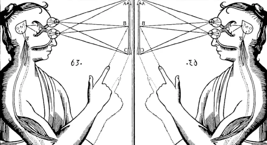 Två spegelvända illustrationer av ögonens anatomi och hur de uppfattar ljus, en visuell representation av dualism filosofi.