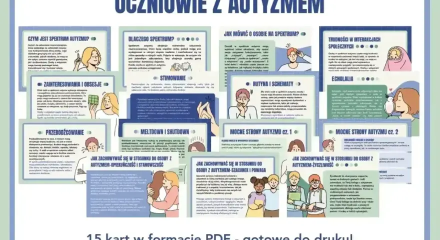 Materiały edukacyjne o spektrum autyzmu: czym jest, jak mówić o osobach autystycznych, mocne strony i wskazówki dotyczące relacji.