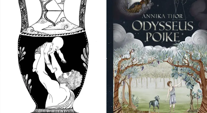 Antik vas med en bebis som lyfts, bredvid bokomslag för "Odysseus Pojke" av Annika Thor. Vem skrev Iliaden och Odysséen?