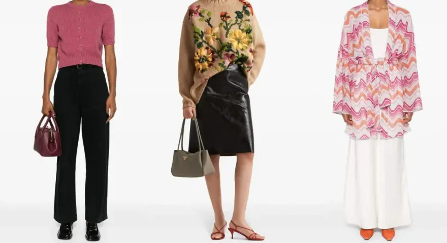 Moda anni '50: cardigan rosa, maglione floreale con gonna in pelle, abito a fantasia zig-zag.