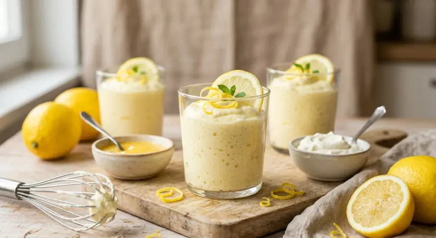 Trois verres de mousse au citron, décorés de rondelles de citron et de menthe. Des citrons frais, un fouet et des petits bols complètent cette scène gourmande.