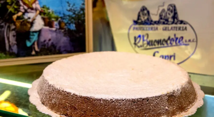 A Torta Caprese dusted with powdered sugar sits on a glass counter, with a painting and shop logo in the background.