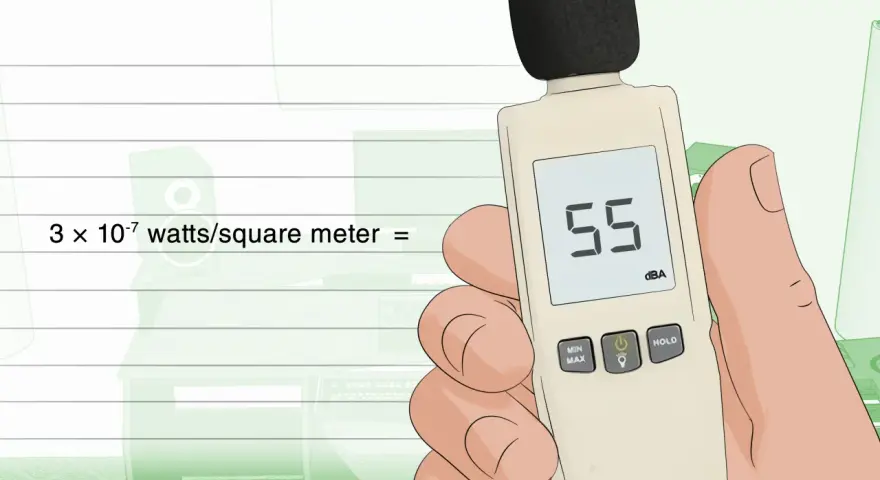 Main tenant une main un sonomètre affichant 55 dBA, prêt à effectuer une decibels mesure.