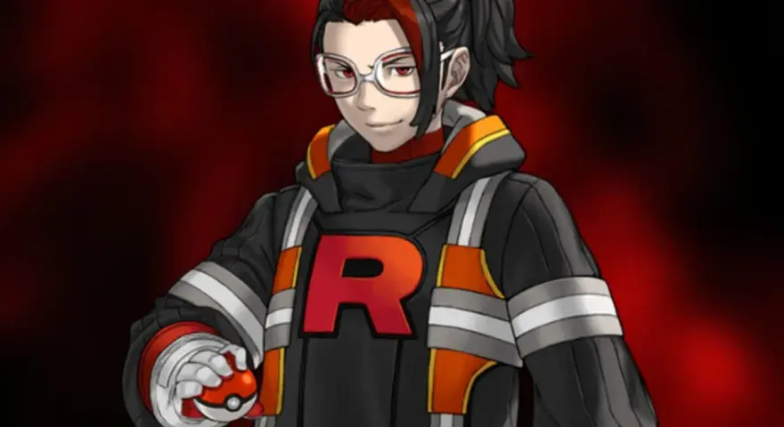 Líder Arlo de Pokémon GO, con su icónica chaqueta del Team Rocket y una Poké Ball en mano, listo para la batalla.