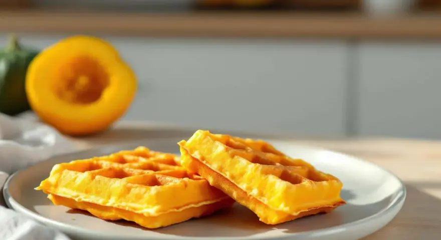 Deux gaufres lyonnaises dorées sur une assiette, avec une courge coupée en deux en arrière-plan.