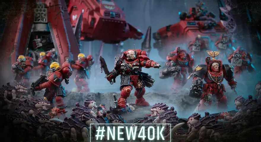 Guerrieri corazzati rossi affrontano creature aliene in una scena epica del **warhammer gioco da tavolo**. #NEW40K.
