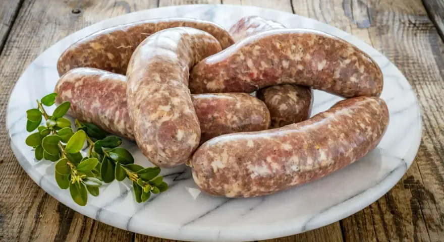 Kilka surowych kiełbasek białych parzonych ułożonych na marmurowej desce, ozdobione gałązką zielonych liści.