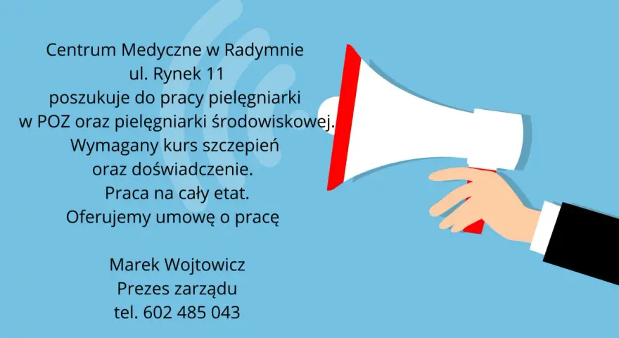 Centrum Medyczne w Radymnie ogłasza nabór na stanowisko pielęgniarki. Szukamy kandydatek z kursem szczepień i doświadczeniem. Oferujemy umowę o pracę. Dodatkowa praca dla pielęgniarek czeka!