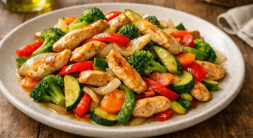 Salteado de pollo con verduras: trozos de pollo dorado con brócoli, pimientos rojos, calabacín y zanahoria.