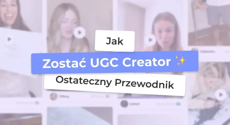 Uśmiechnięte kobiety trzymające tabliczki z napisem "Jak Zostać UGC Creator" i "Ostateczny Przewodnik".
