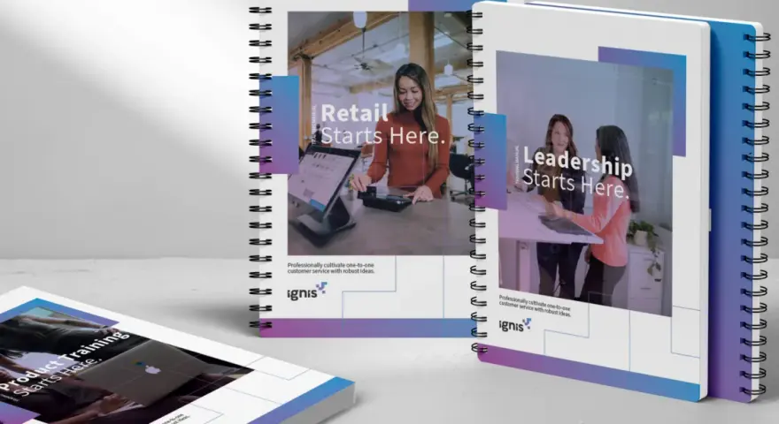 Notebooks with "Retail Starts Here," "Leadership Starts Here," and "Product Training Starts Here" for board meeting materials.