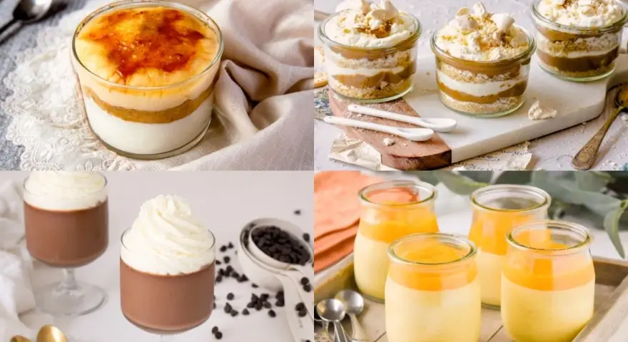 Collage de 4 postres en vasito: crema quemada, capas de galleta y dulce de leche, chocolate con crema y postre de mango.