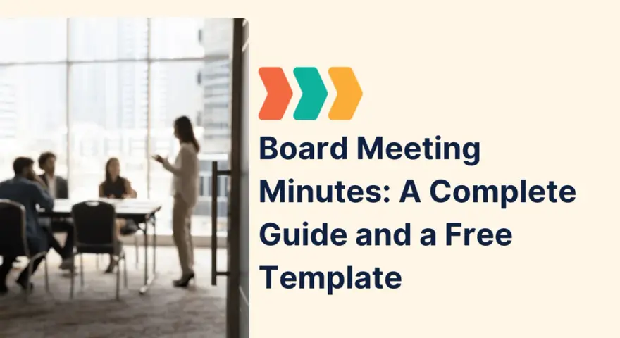 Blurred image of a board meeting with text "Board Meeting Minutes: A Complete Guide and a Free Template".