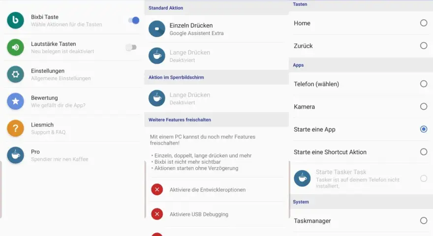 BxActions-App: Bixbi Taste für Samsung Assistant konfigurieren. Wähle Aktionen für Einzel- und Langdruck.