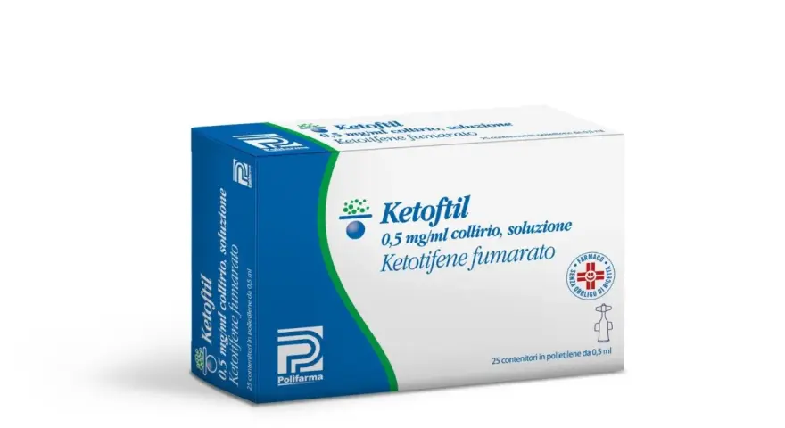 Scatola di Ketoftil collirio, soluzione 0,5 mg/ml, con 25 contenitori in polietilene da 0,5 ml.