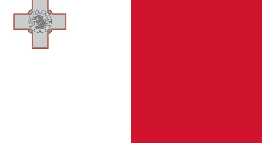 Biało-czerwona flaga Malty z herbem przedstawiającym św. Jerzego walczącego ze smokiem.