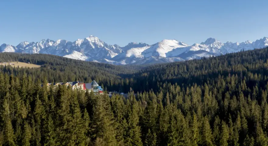 Widok na Tatry z lasem i kompleksem basenów. Szukasz odpowiedzi, jak dojechać do Bukowiny Tatrzańskiej?