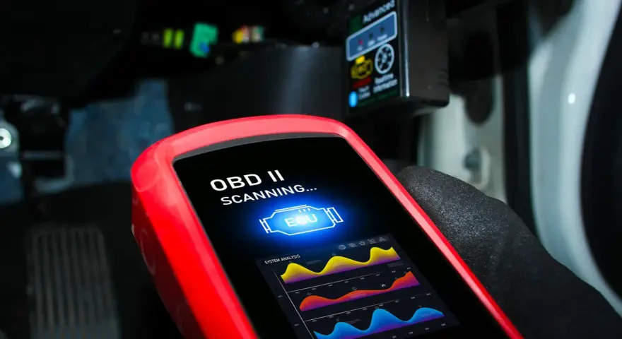 Un tecnico usa uno scanner OBD II per analizzare i dati dell'ECU dell'auto, mostrando grafici di sistema.