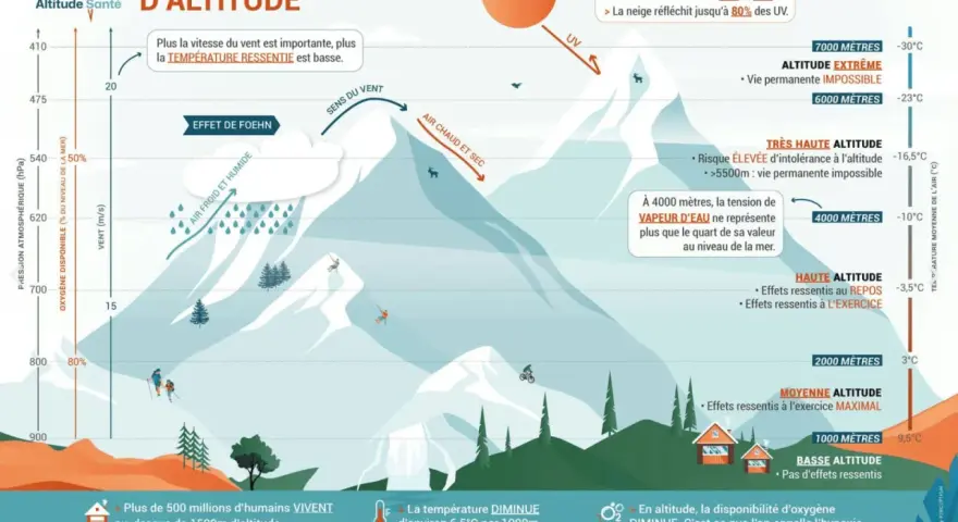 La **perte température altitude** est illustrée par une montagne. Le vent, l'air froid et humide, et l'air chaud et sec influencent les conditions.